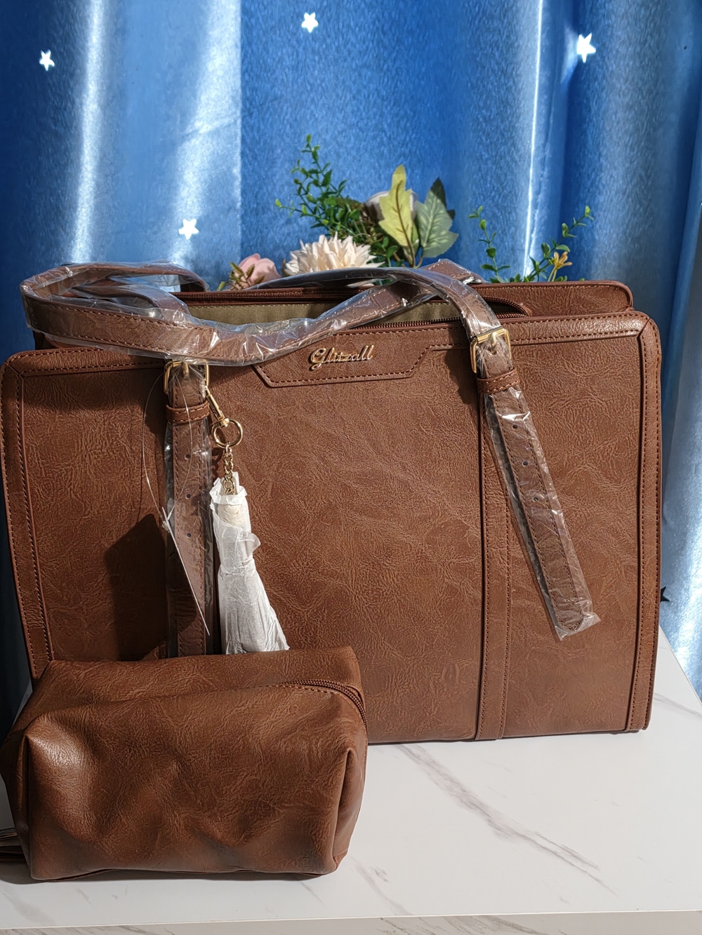 Glitz Chestnut Brown Tote with Matching Pouch